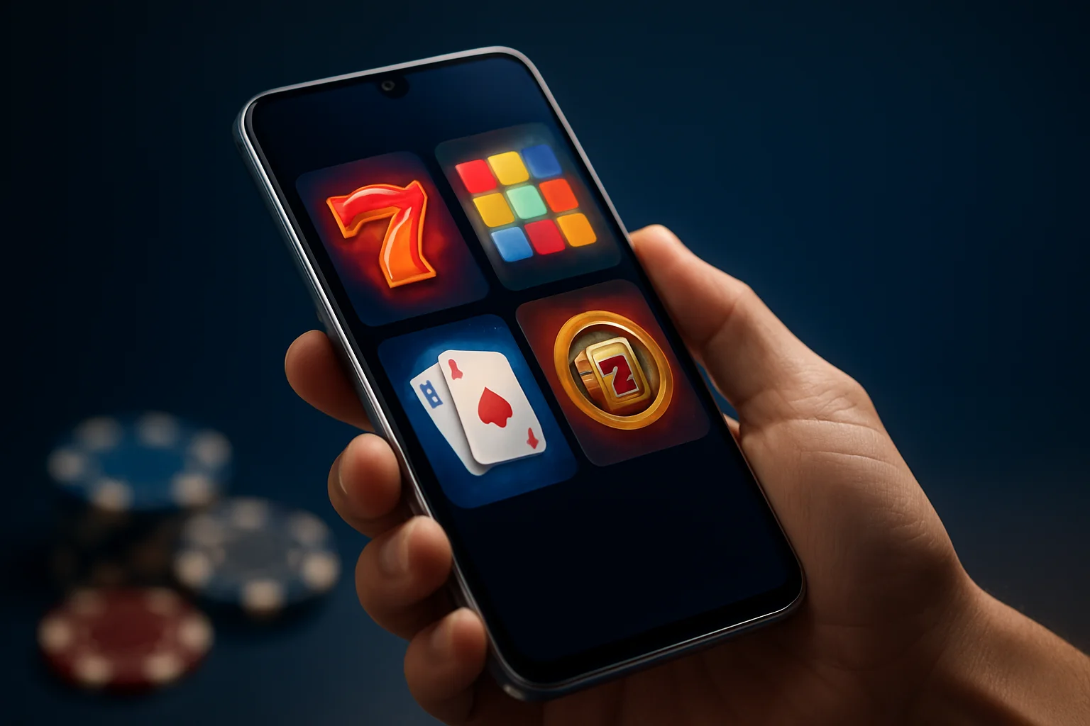 Flagship Android smartphone displaying vivid casino app interface in studio lighting