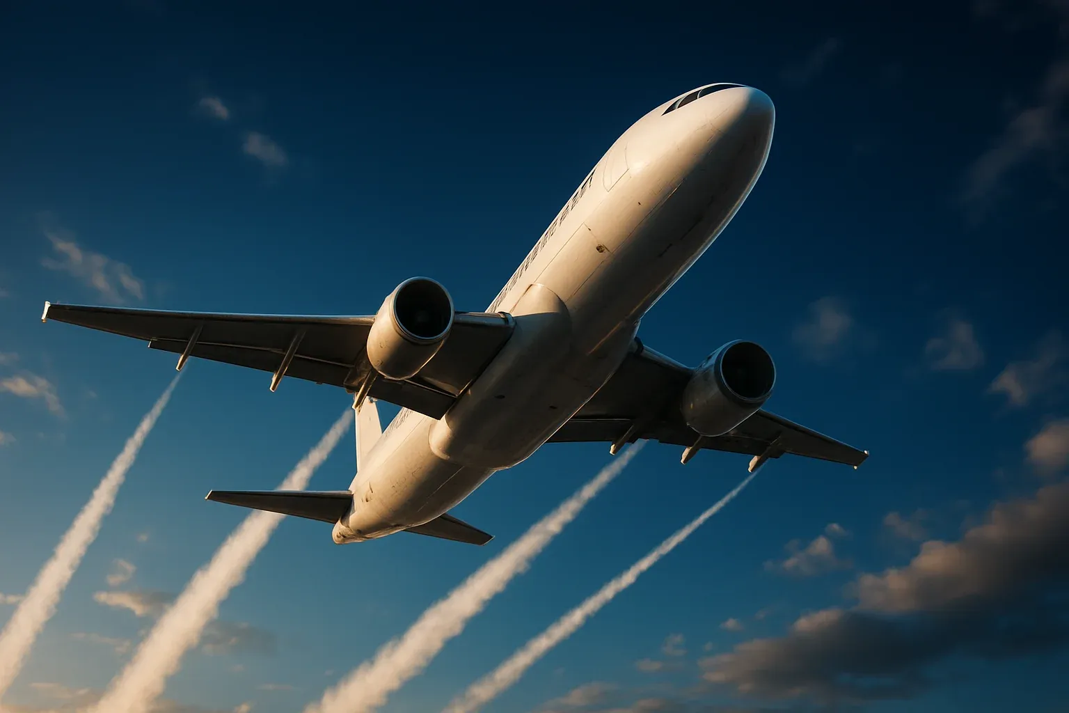 Hyperrealistic white jet aircraft climbing steeply in dramatic blue sky