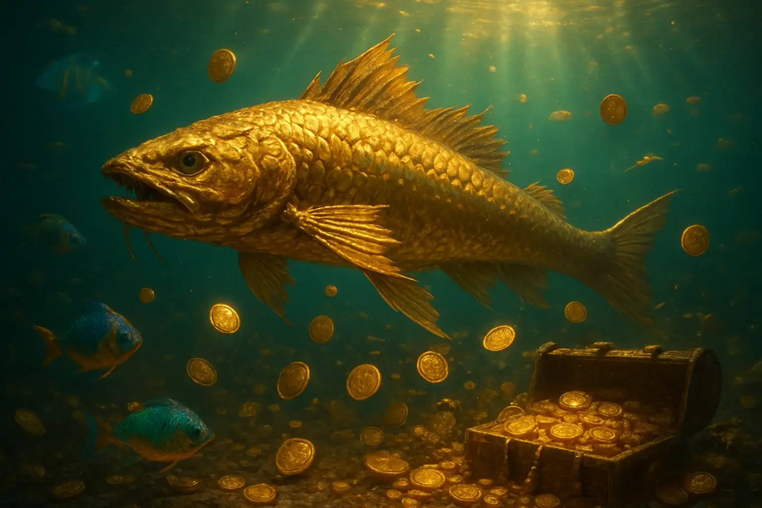 Massive golden dragon fish underwater with glowing coins and treasure