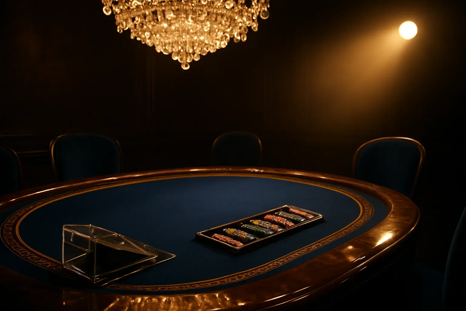 Hyperrealistic premium live baccarat studio in the Philippines with blue felt table