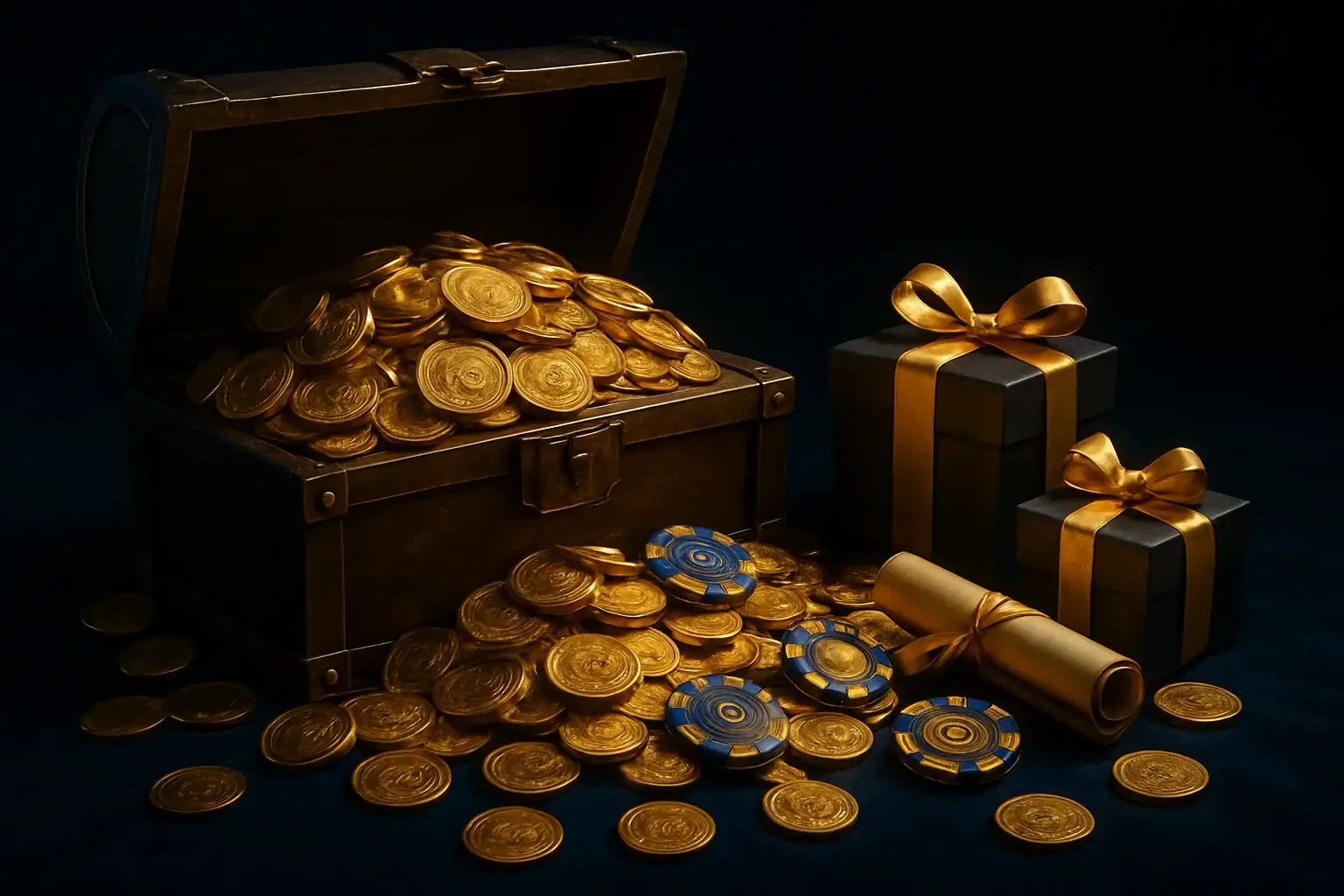 Overflowing treasure chest with gold coins, casino chips, vouchers, and gift boxes