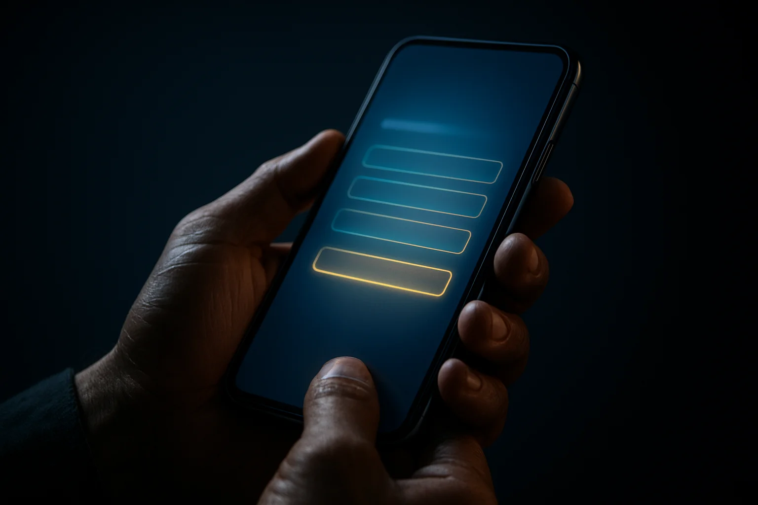 Filipino man's hands holding smartphone with glowing registration interface