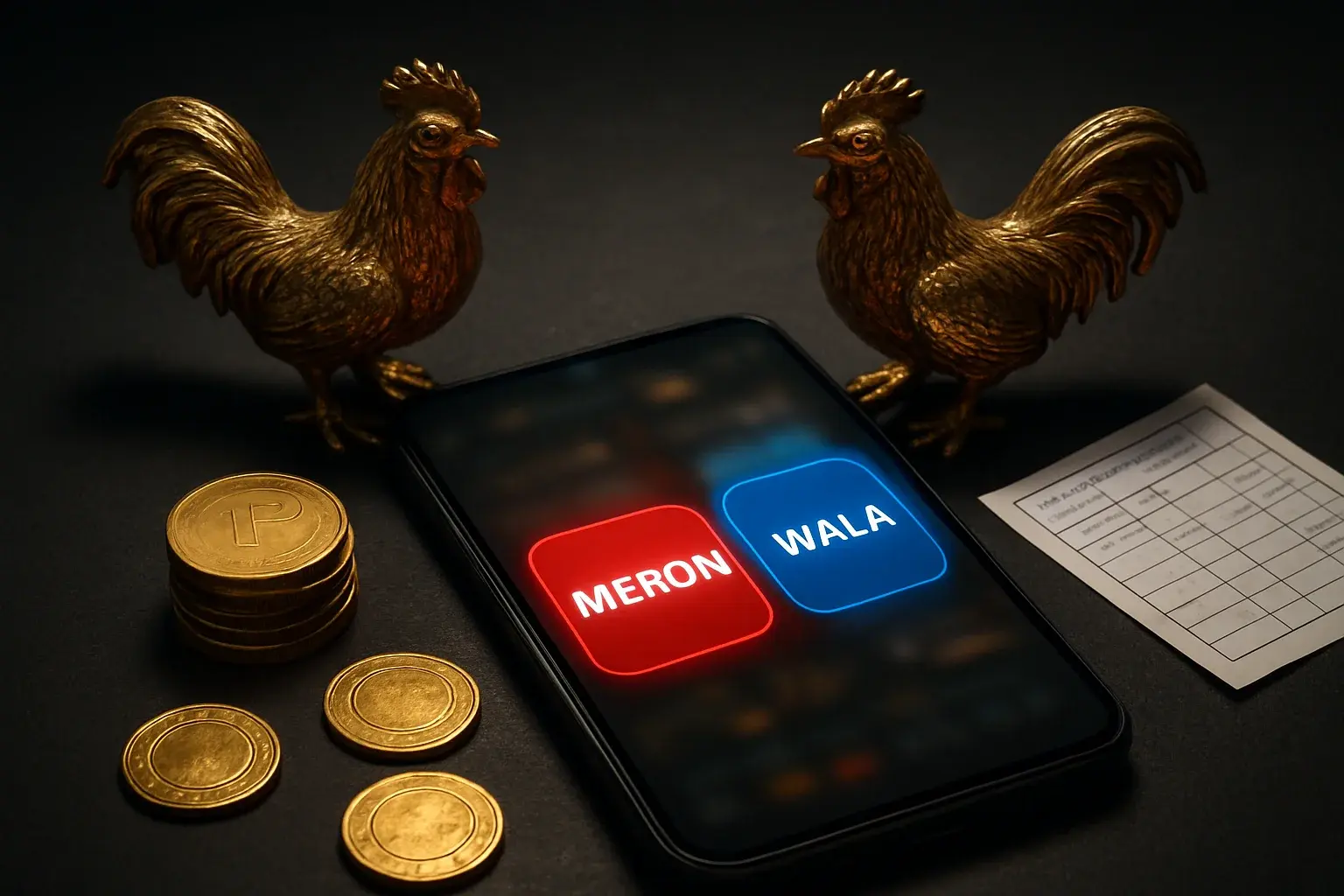 Smartphone with sabong betting interface, golden roosters, coins, and chips