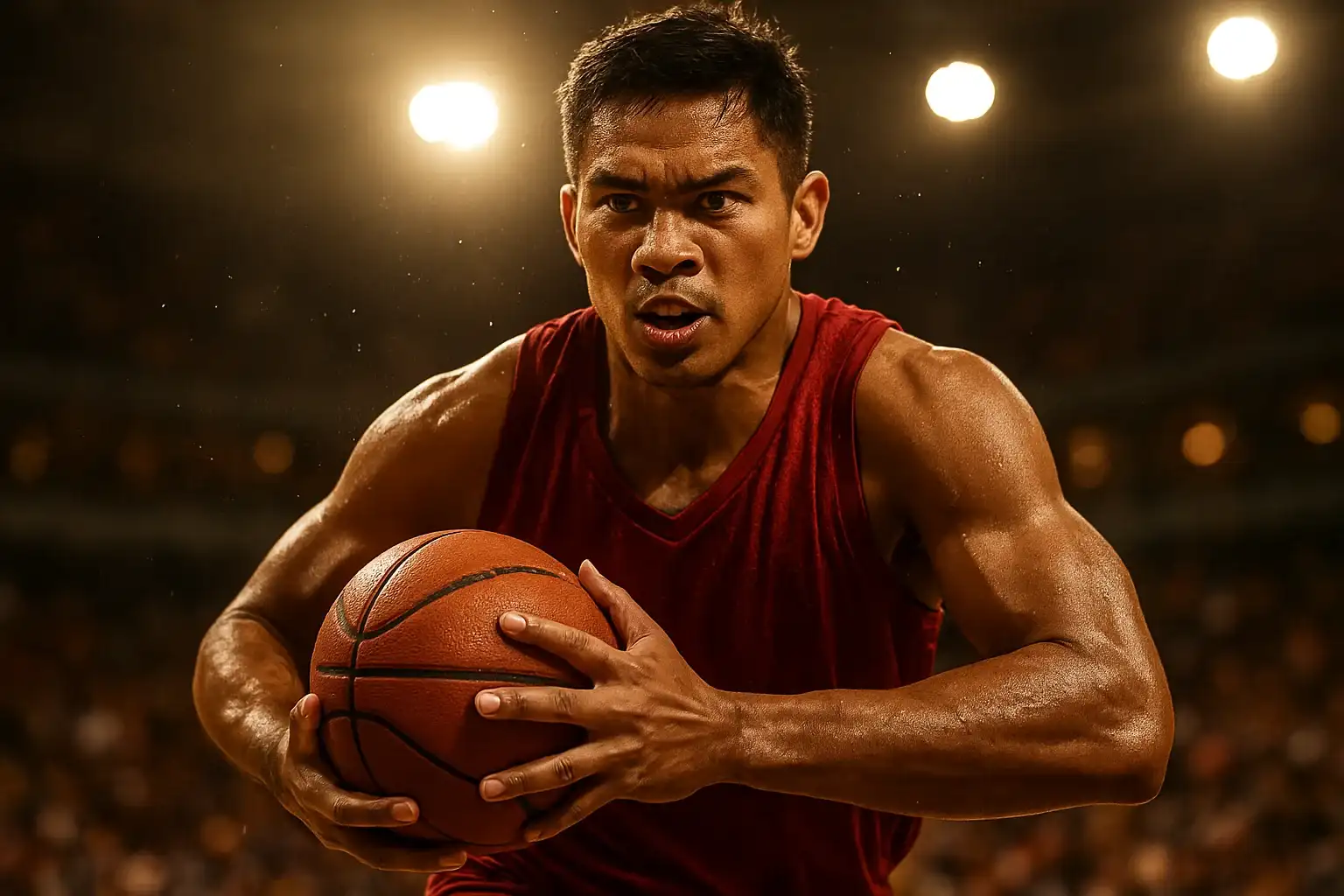Filipino PBA basketball player mid-air driving powerfully to the basket